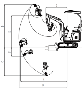 Rhinoceros MY10-8 Crawler excavator operational range dimensions diagram seen from behind. Ken Stone heavy machinery, Shandong, China. Xiniu excavators