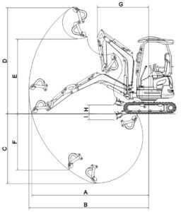 Xiniu Ken Stone Heavy machinery's Rhinoceros XN18 crawler excavator operating range diagram, seen from above