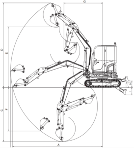 XN35PRO crawler excavator from Rhinoceros. Operating dimensions diagram.